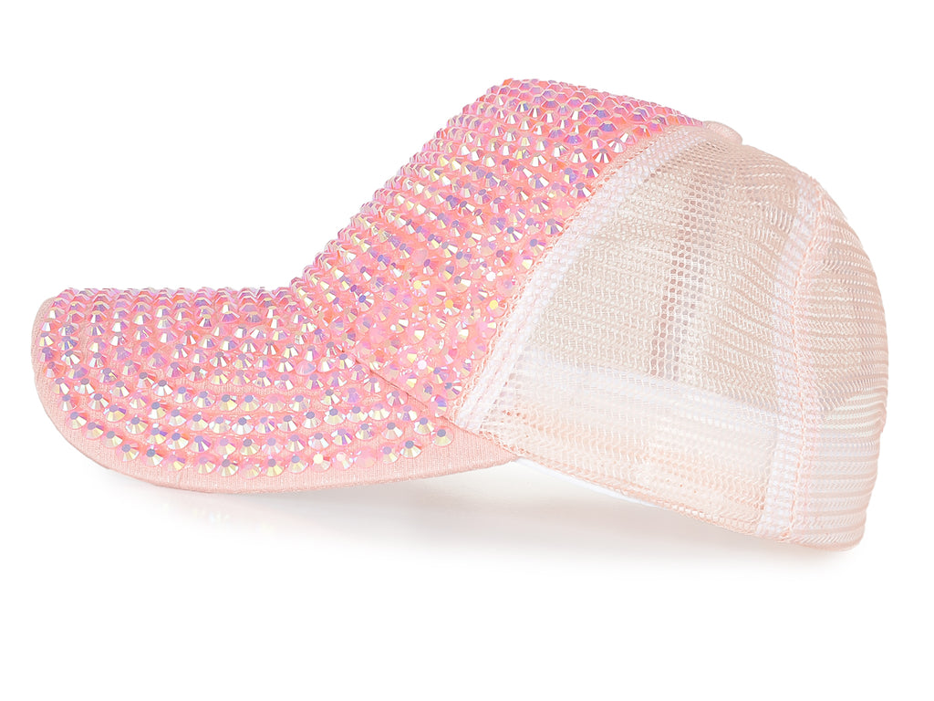 Gorra de béisbol con tachuelas y diamantes de imitación para mujer de Anna-Kaci, con cola de caballo y moño, ajustable, de malla brillante