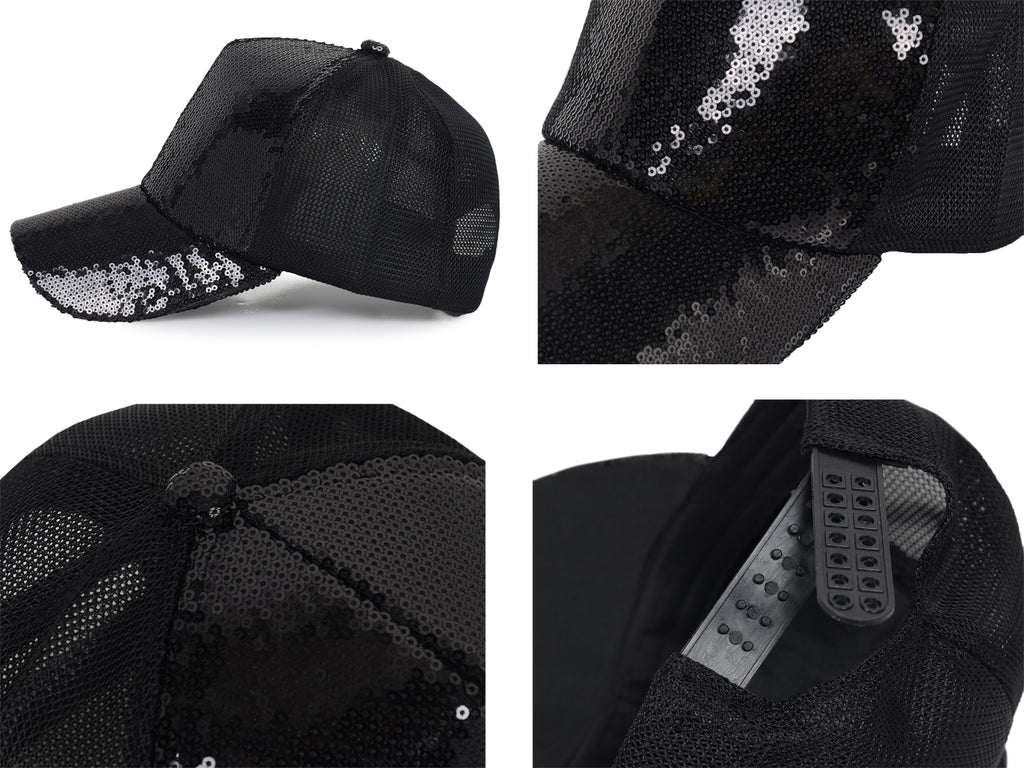 Gorra de béisbol para mujer Anna-Kaci, gorra con cola de caballo con purpurina, gorra de moño alto desordenado, gorra de camionero para papá
