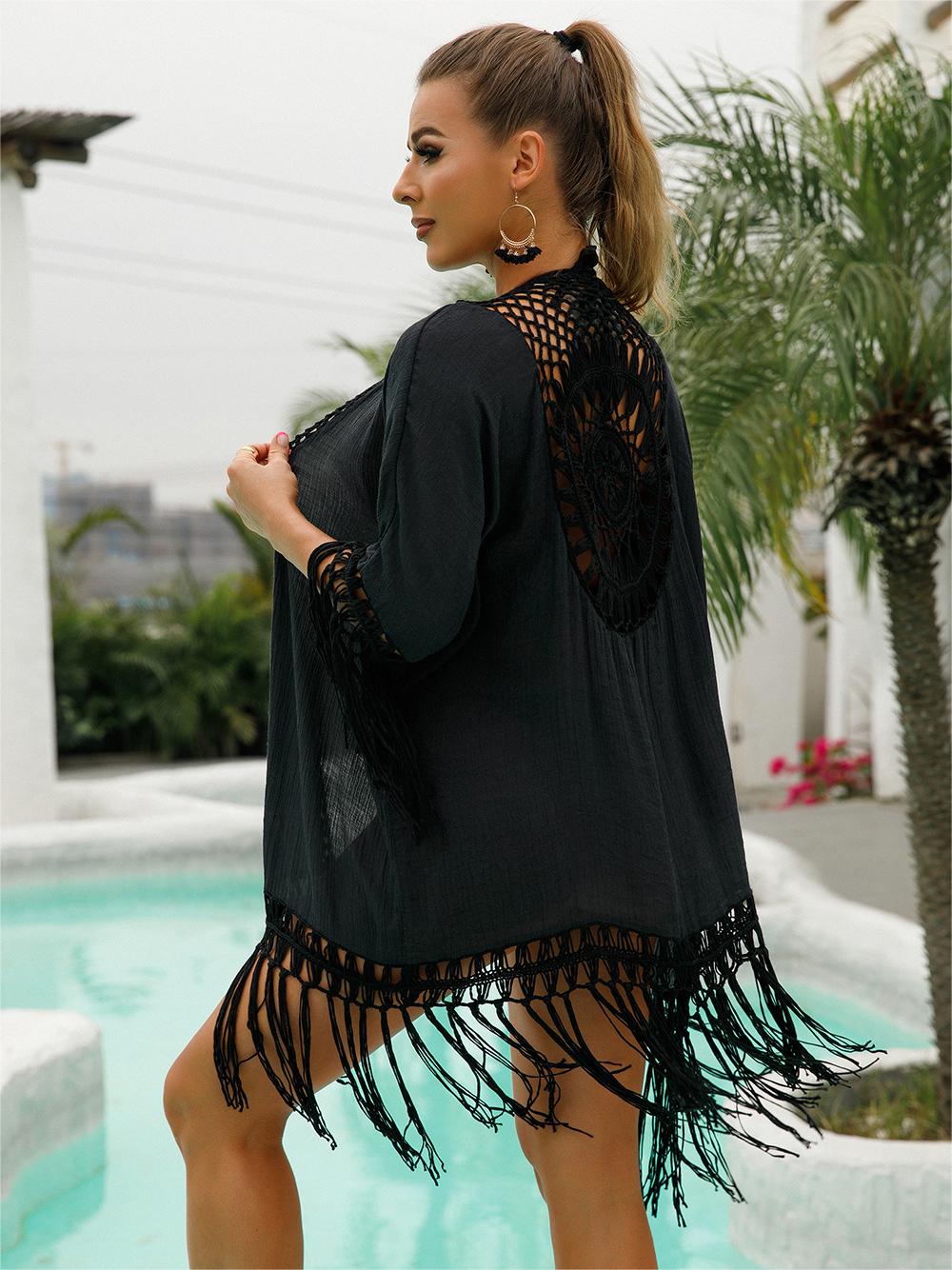 Traje de baño de crochet estilo bohemio para mujer de Anna-Kaci, kimono de punto con borlas y huecos, pareo playero fluido