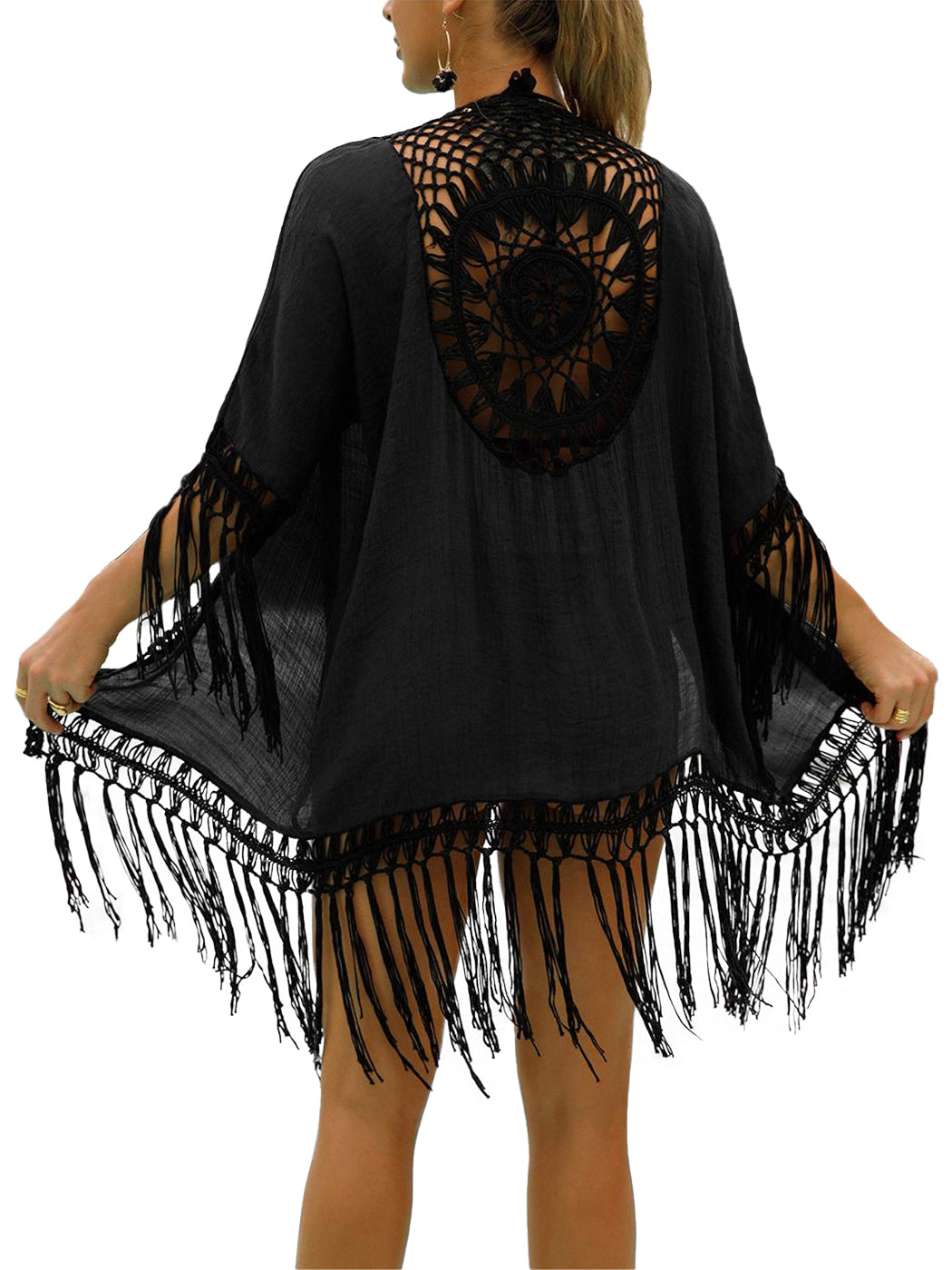 Traje de baño de crochet estilo bohemio para mujer de Anna-Kaci, kimono de punto con borlas y huecos, pareo playero fluido