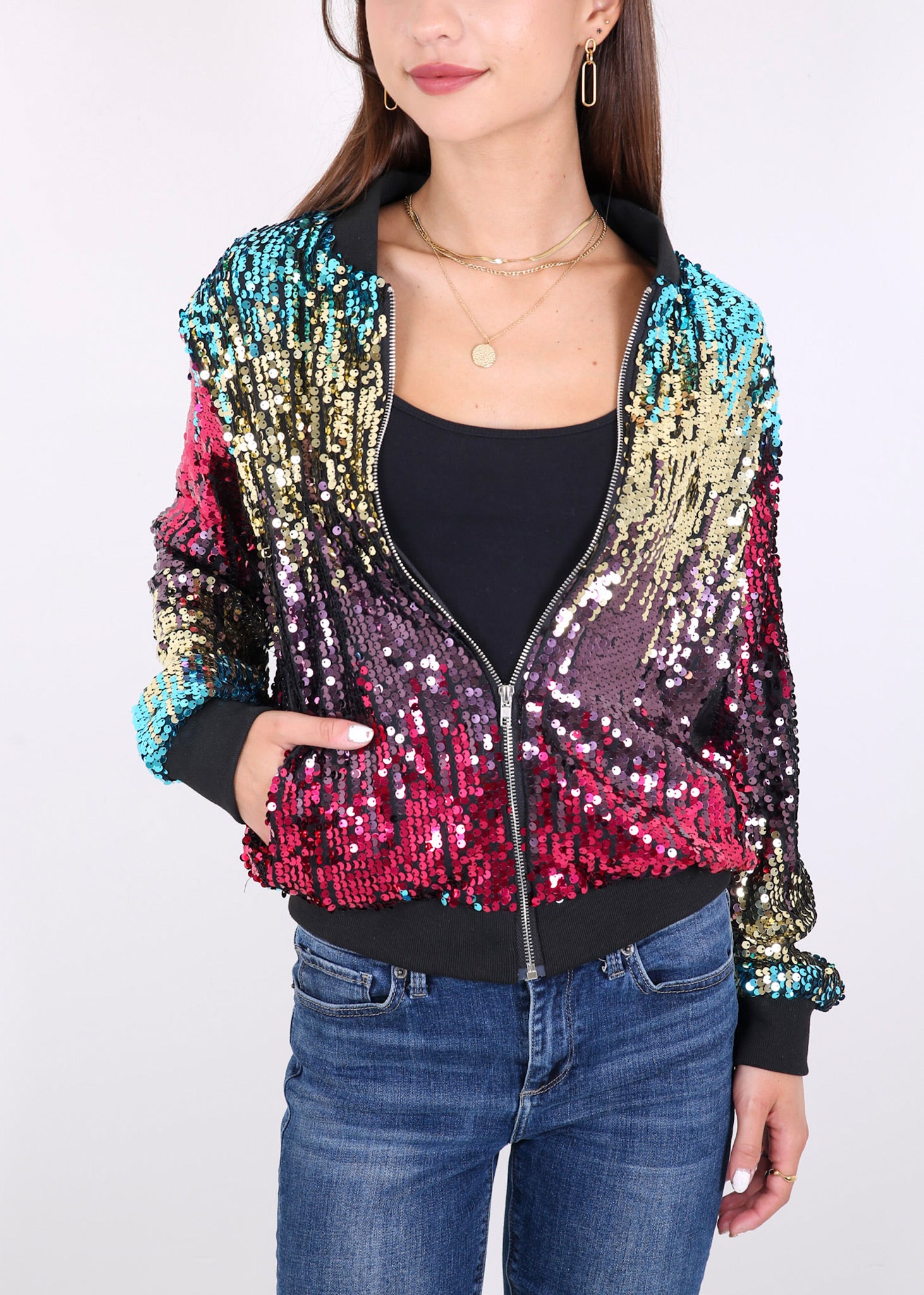 Chaqueta de lentejuelas para mujer Anna-Kaci, chaqueta bomber informal con cremallera frontal y mangas largas brillantes y bolsillos