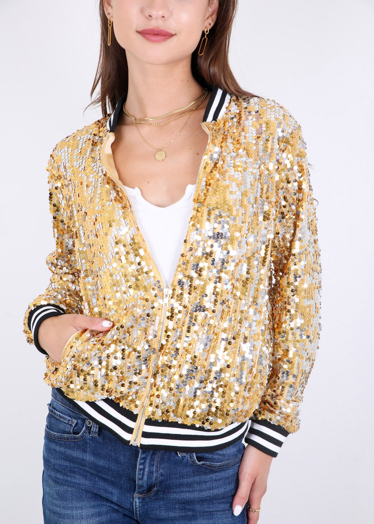 Chaqueta de lentejuelas para mujer Anna-Kaci, chaqueta bomber informal con cremallera frontal y mangas largas brillantes y bolsillos