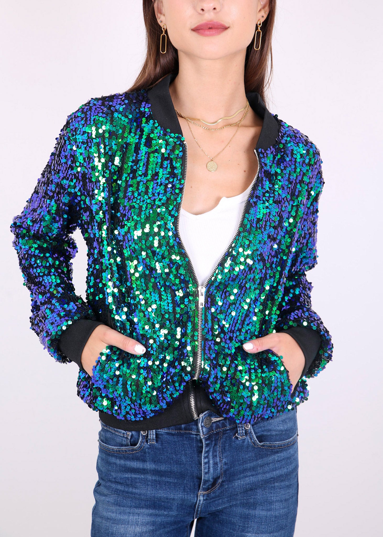 Chaqueta de lentejuelas para mujer Anna-Kaci, chaqueta bomber informal con cremallera frontal y mangas largas brillantes y bolsillos
