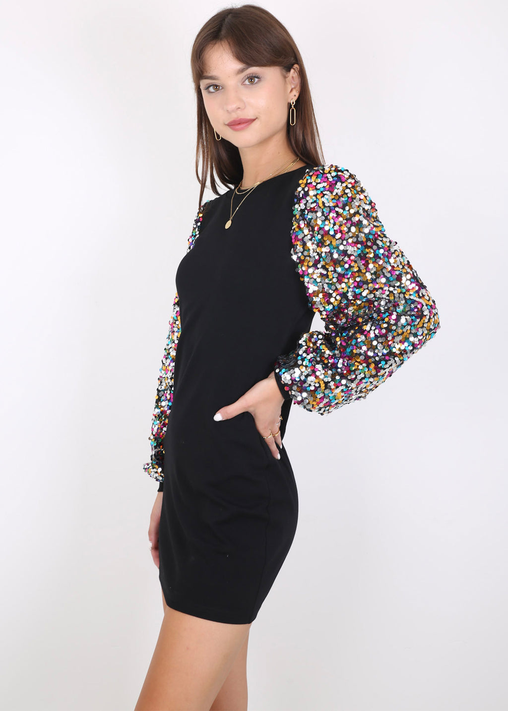 Anna-Kaci Women's Confetti Sequin Balloon Long Sleeve Round Neck Pullover Dress