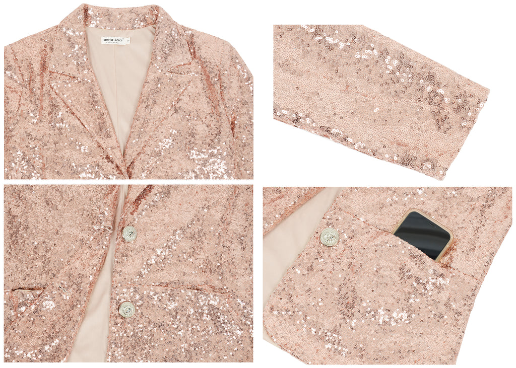 Chaqueta blazer con lentejuelas de manga larga para mujer de Anna-Kaci, abrigo informal brillante con bolsillo