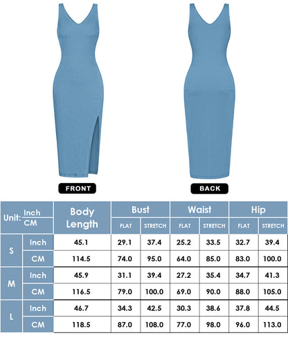 Anna-Kaci Summer Sleeveless Round Neck Ribbed Side Slit Sexy Bodycon Midi Dresses