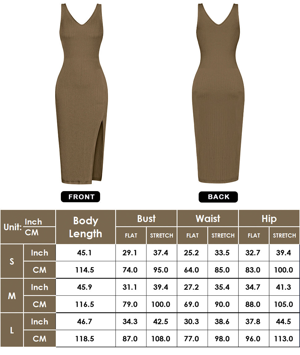 Anna-Kaci Summer Sleeveless Round Neck Ribbed Side Slit Sexy Bodycon Midi Dresses