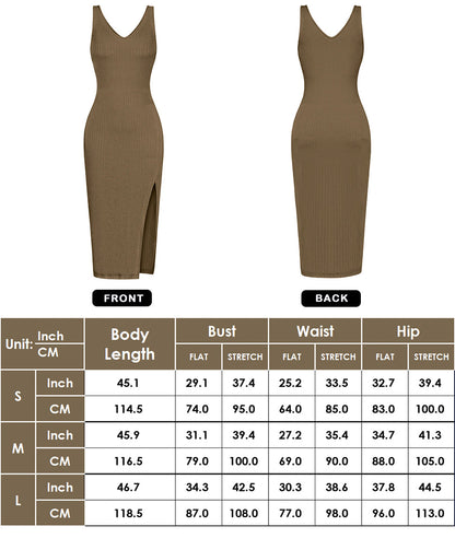 Anna-Kaci Summer Sleeveless Round Neck Ribbed Side Slit Sexy Bodycon Midi Dresses