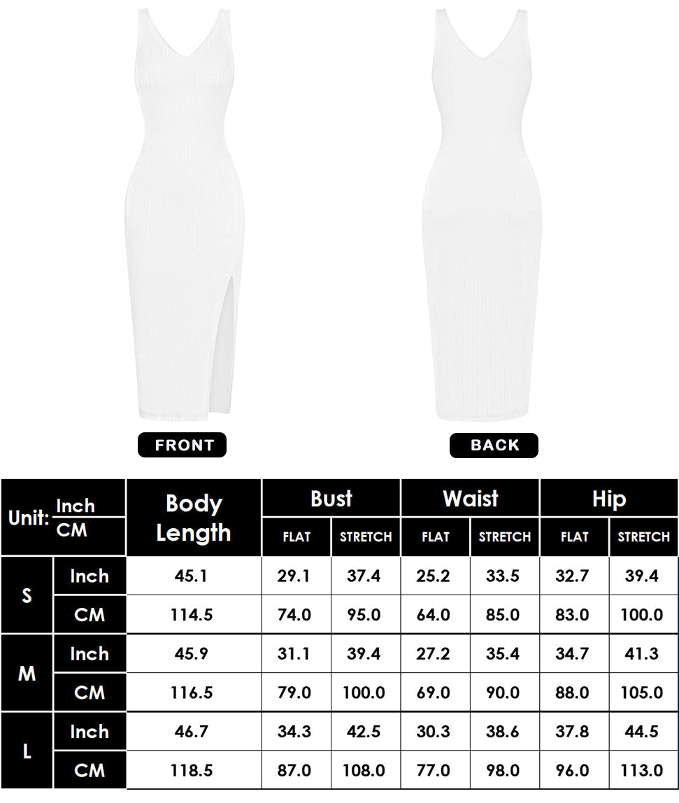 Anna-Kaci Summer Sleeveless Round Neck Ribbed Side Slit Sexy Bodycon Midi Dresses