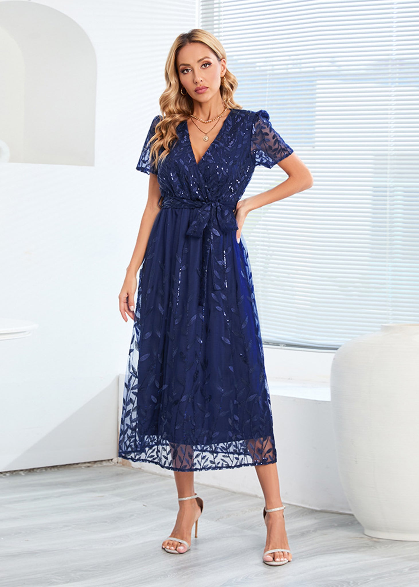 Vestido largo de noche con escote en V y lentejuelas para mujer de Anna-Kaci, vestido cruzado con encaje y bordado floral, vestido largo brillante para fiesta de bodas