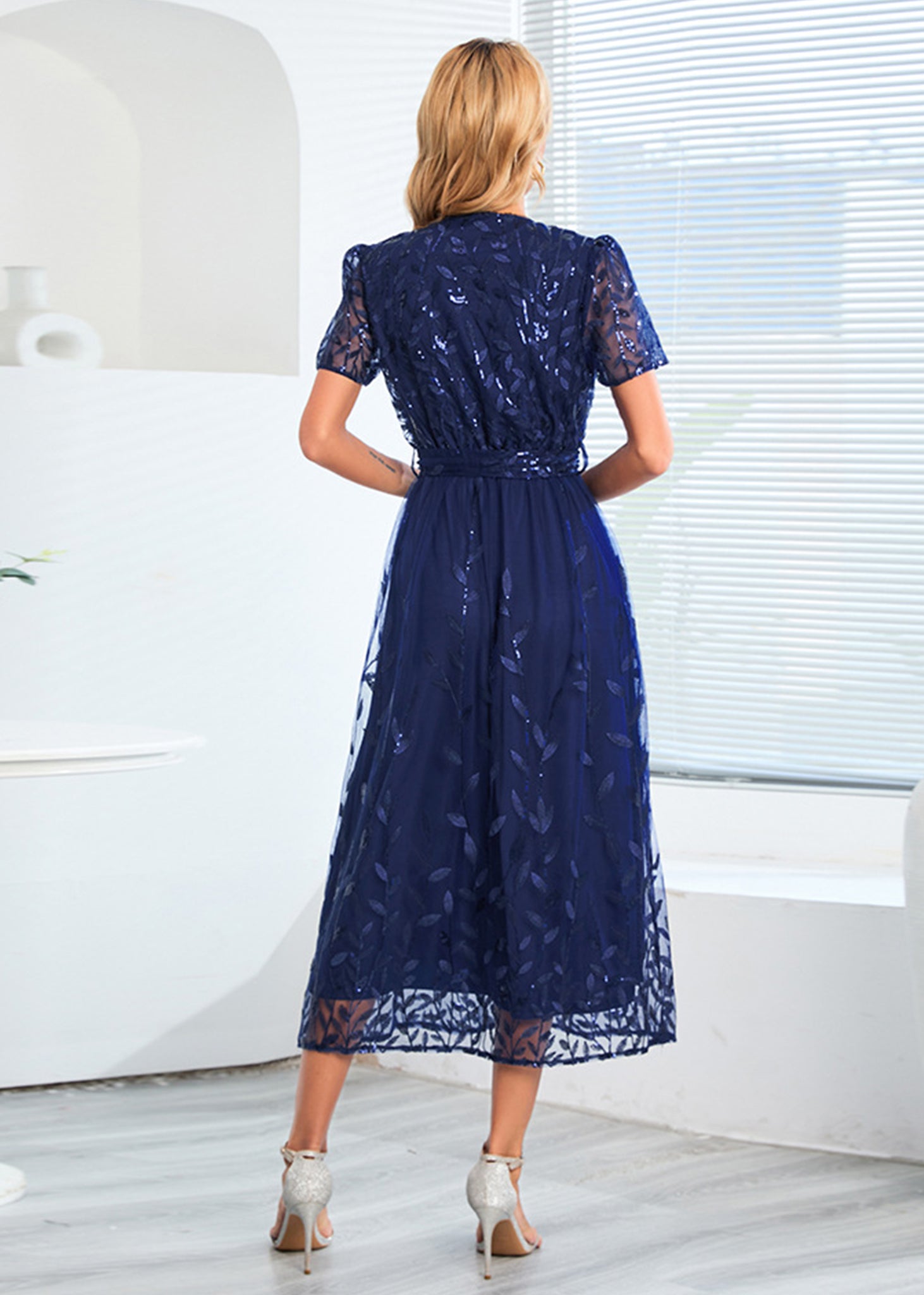 Vestido largo de noche con escote en V y lentejuelas para mujer de Anna-Kaci, vestido cruzado con encaje y bordado floral, vestido largo brillante para fiesta de bodas