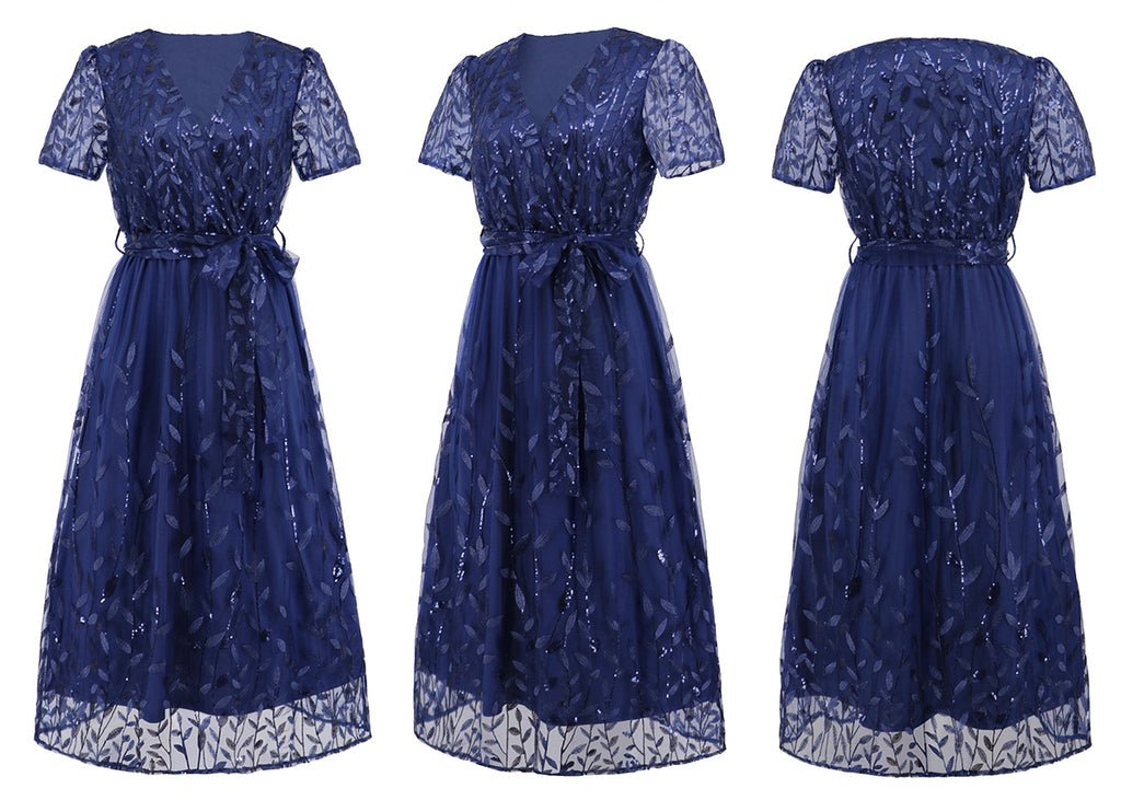 Vestido largo de noche con escote en V y lentejuelas para mujer de Anna-Kaci, vestido cruzado con encaje y bordado floral, vestido largo brillante para fiesta de bodas