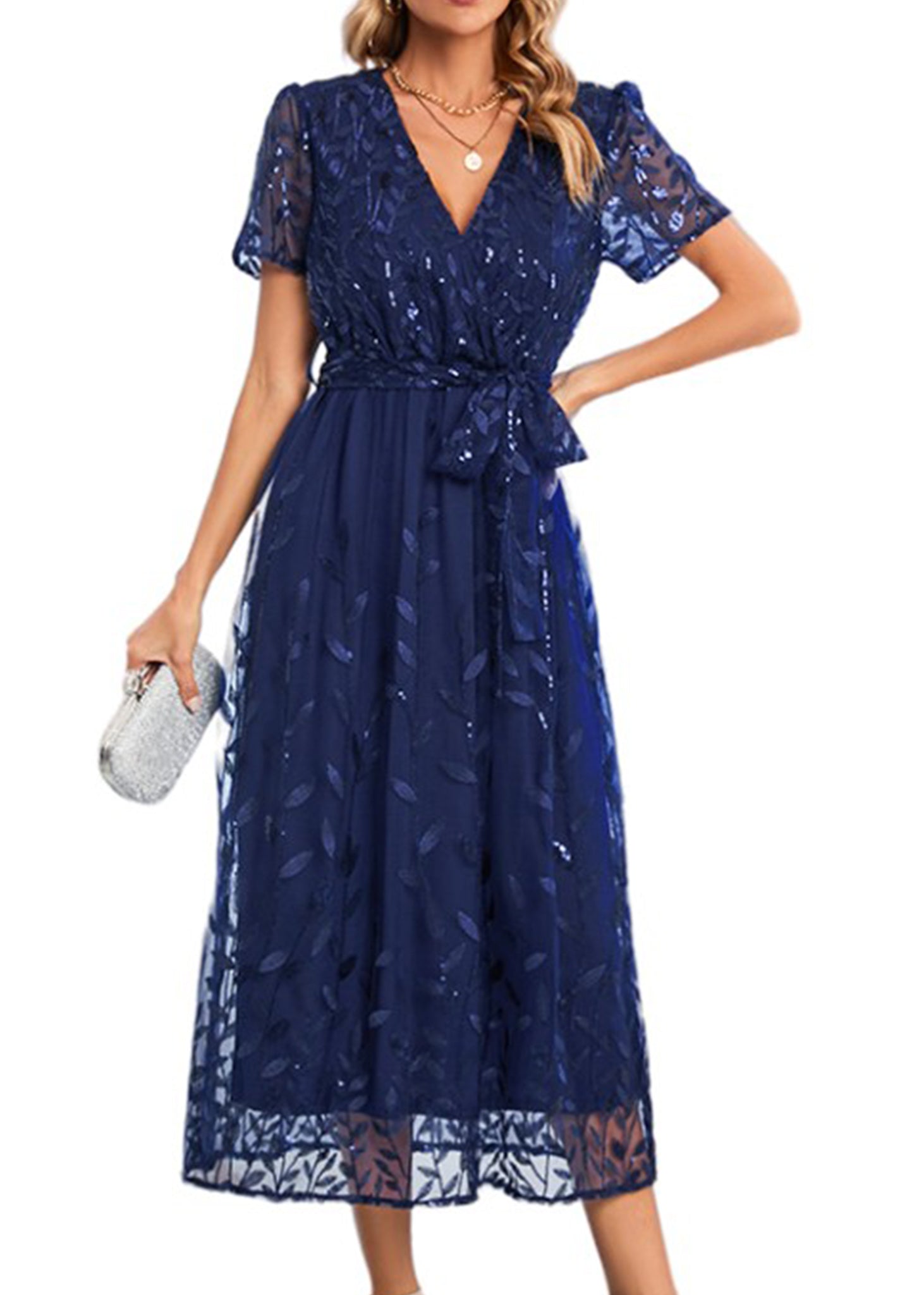Vestido largo de noche con escote en V y lentejuelas para mujer de Anna-Kaci, vestido cruzado con encaje y bordado floral, vestido largo brillante para fiesta de bodas