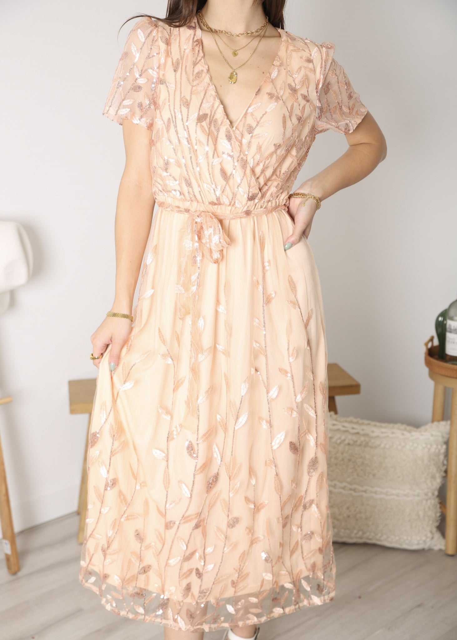 Vestido largo de noche con escote en V y lentejuelas para mujer de Anna-Kaci, vestido cruzado con encaje y bordado floral, vestido largo brillante para fiesta de bodas