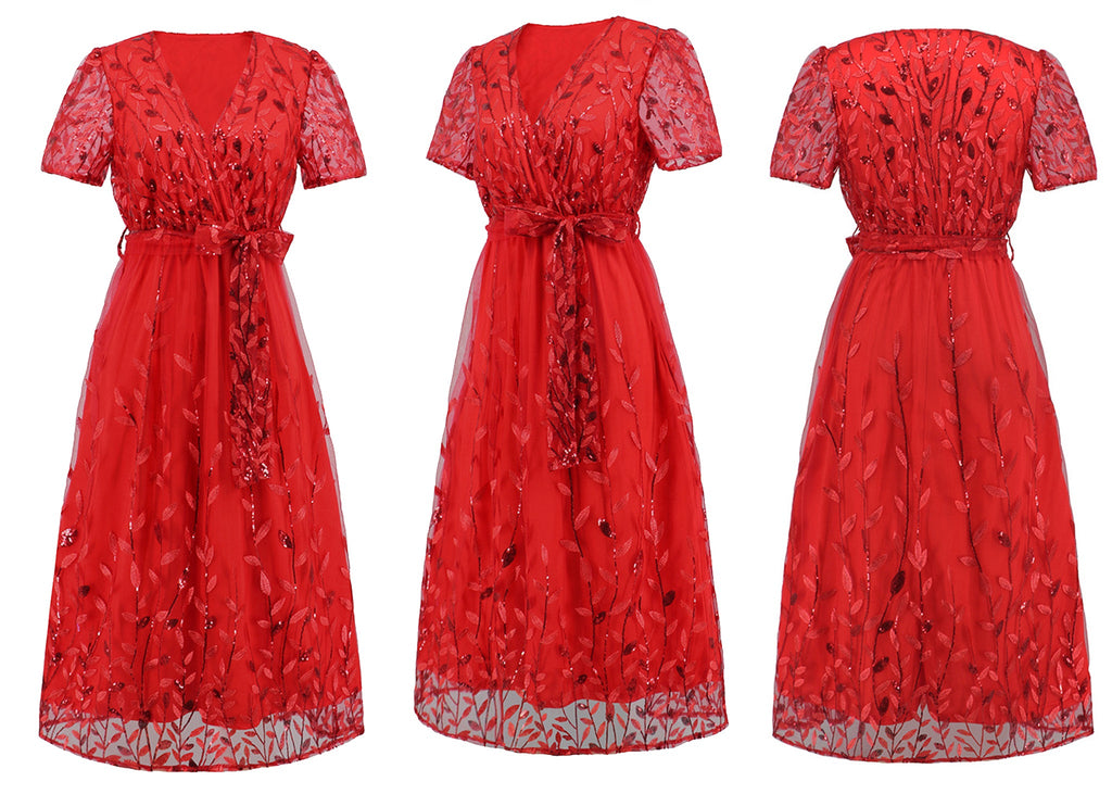Vestido largo de noche con escote en V y lentejuelas para mujer de Anna-Kaci, vestido cruzado con encaje y bordado floral, vestido largo brillante para fiesta de bodas