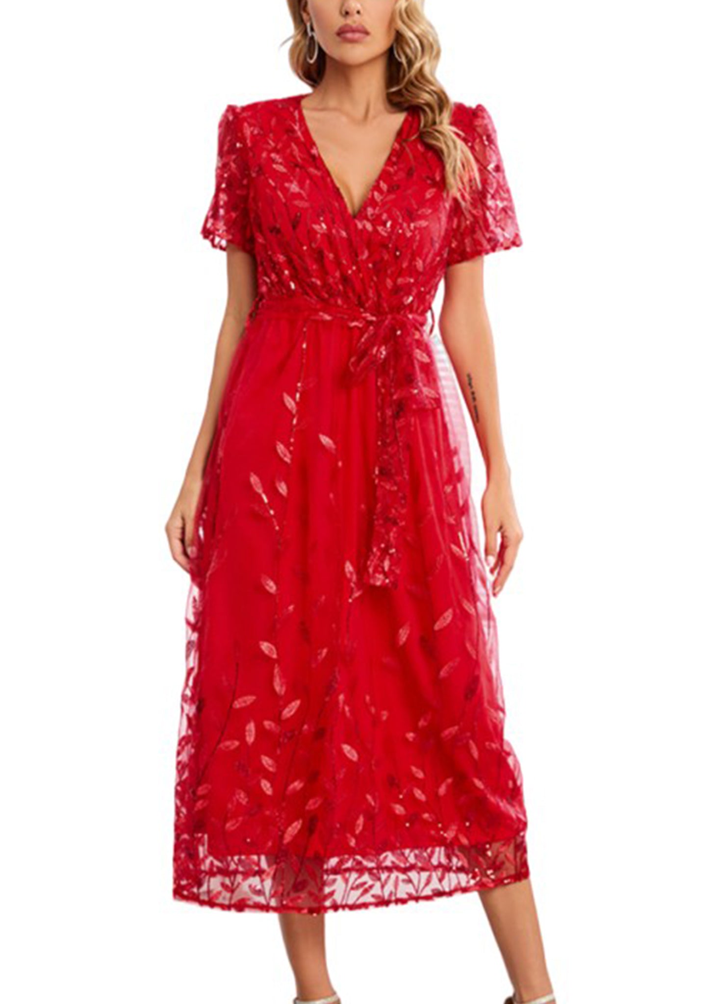 Vestido largo de noche con escote en V y lentejuelas para mujer de Anna-Kaci, vestido cruzado con encaje y bordado floral, vestido largo brillante para fiesta de bodas