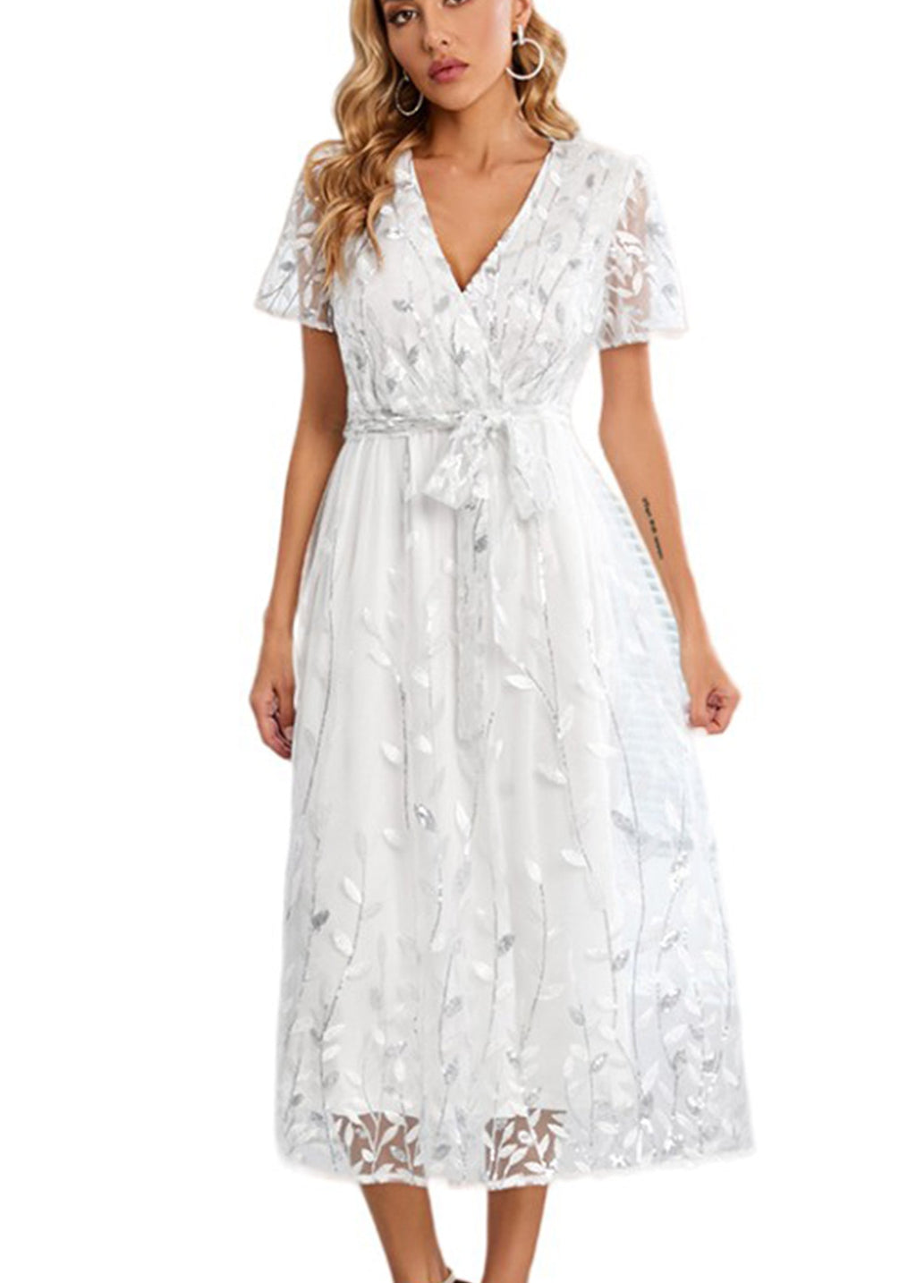 Vestido largo de noche con escote en V y lentejuelas para mujer de Anna-Kaci, vestido cruzado con encaje y bordado floral, vestido largo brillante para fiesta de bodas