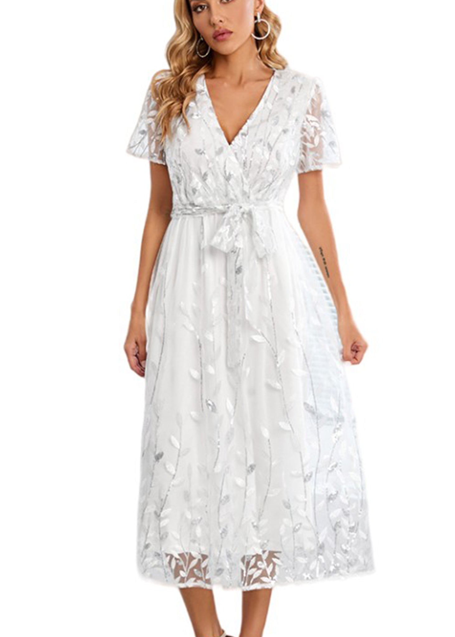 Vestido largo de noche con escote en V y lentejuelas para mujer de Anna-Kaci, vestido cruzado con encaje y bordado floral, vestido largo brillante para fiesta de bodas