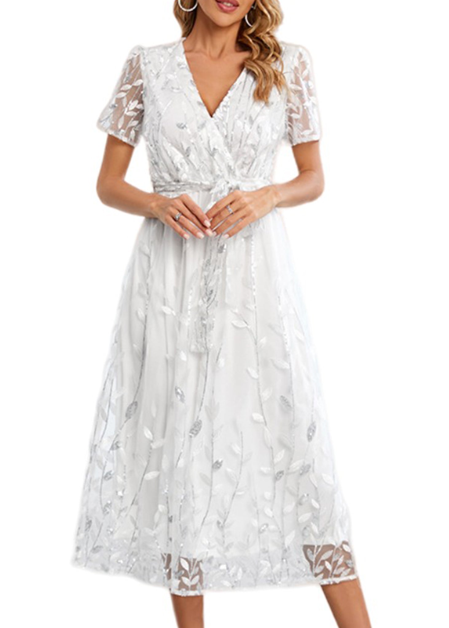 Vestido largo de noche con escote en V y lentejuelas para mujer de Anna-Kaci, vestido cruzado con encaje y bordado floral, vestido largo brillante para fiesta de bodas