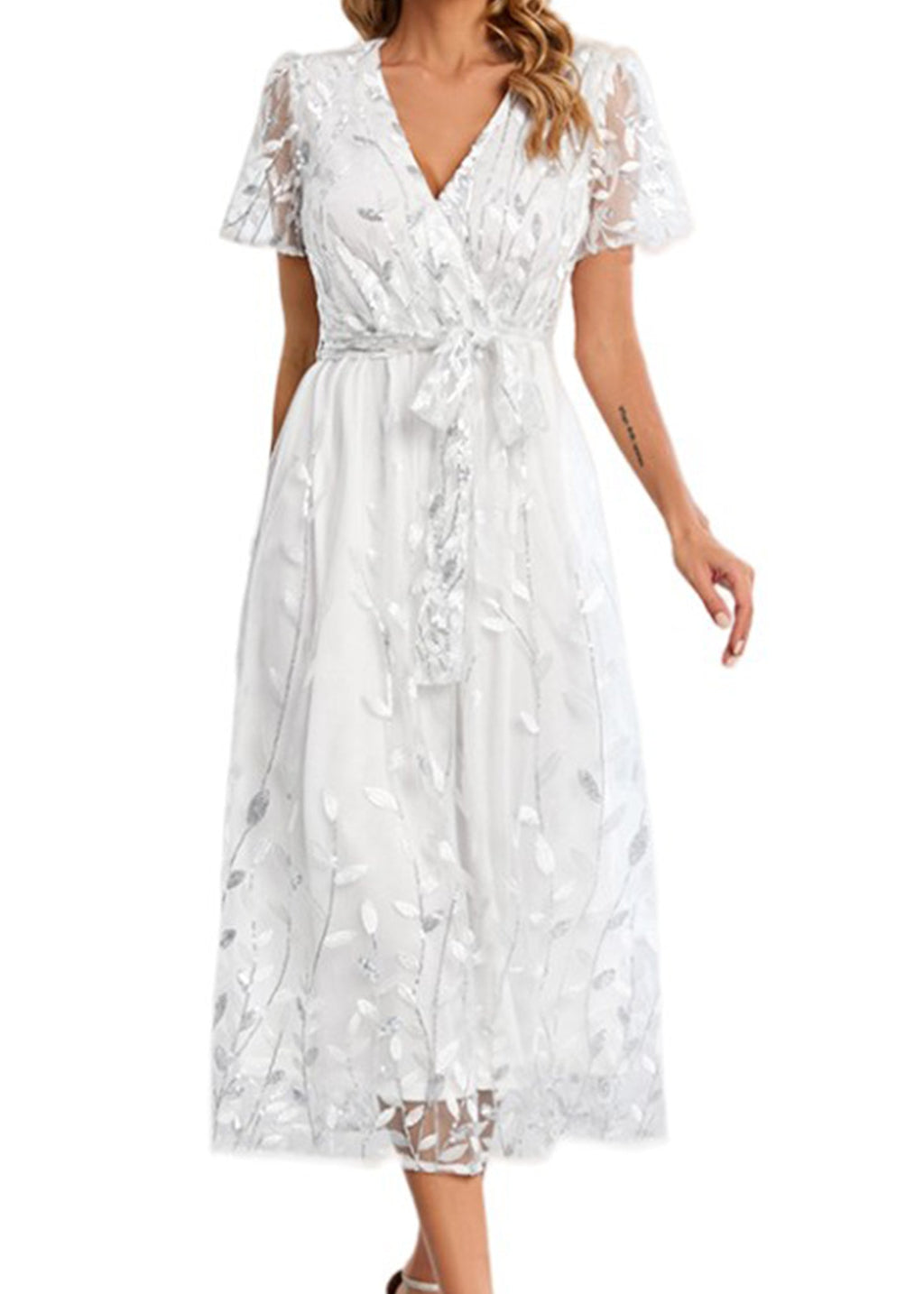 Vestido largo de noche con escote en V y lentejuelas para mujer de Anna-Kaci, vestido cruzado con encaje y bordado floral, vestido largo brillante para fiesta de bodas