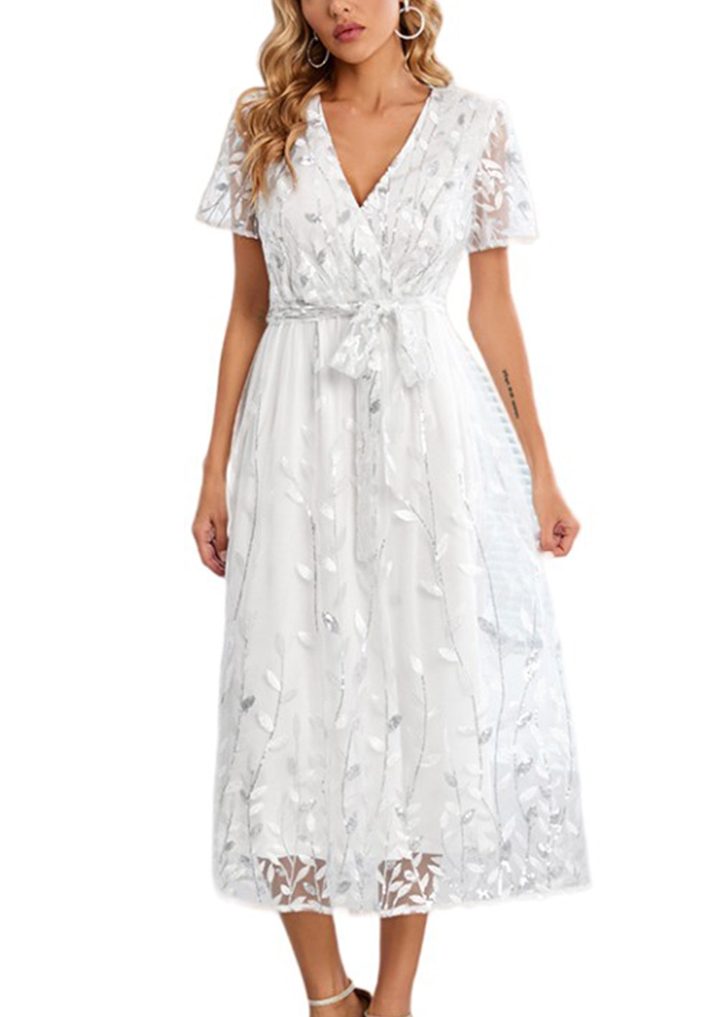 Vestido largo de noche con escote en V y lentejuelas para mujer de Anna-Kaci, vestido cruzado con encaje y bordado floral, vestido largo brillante para fiesta de bodas