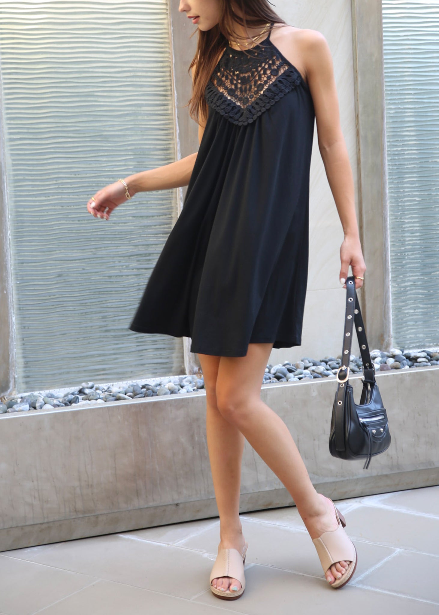 Anna-Kaci Vestidos sin mangas con cuello halter para mujer Vestido acampanado de encaje con abertura en la parte delantera Vestido informal holgado de verano
