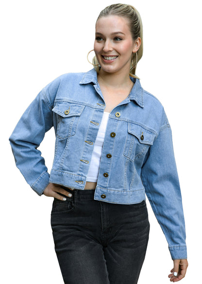 Cropped Button Down Denim Jean Jacket with Pockets