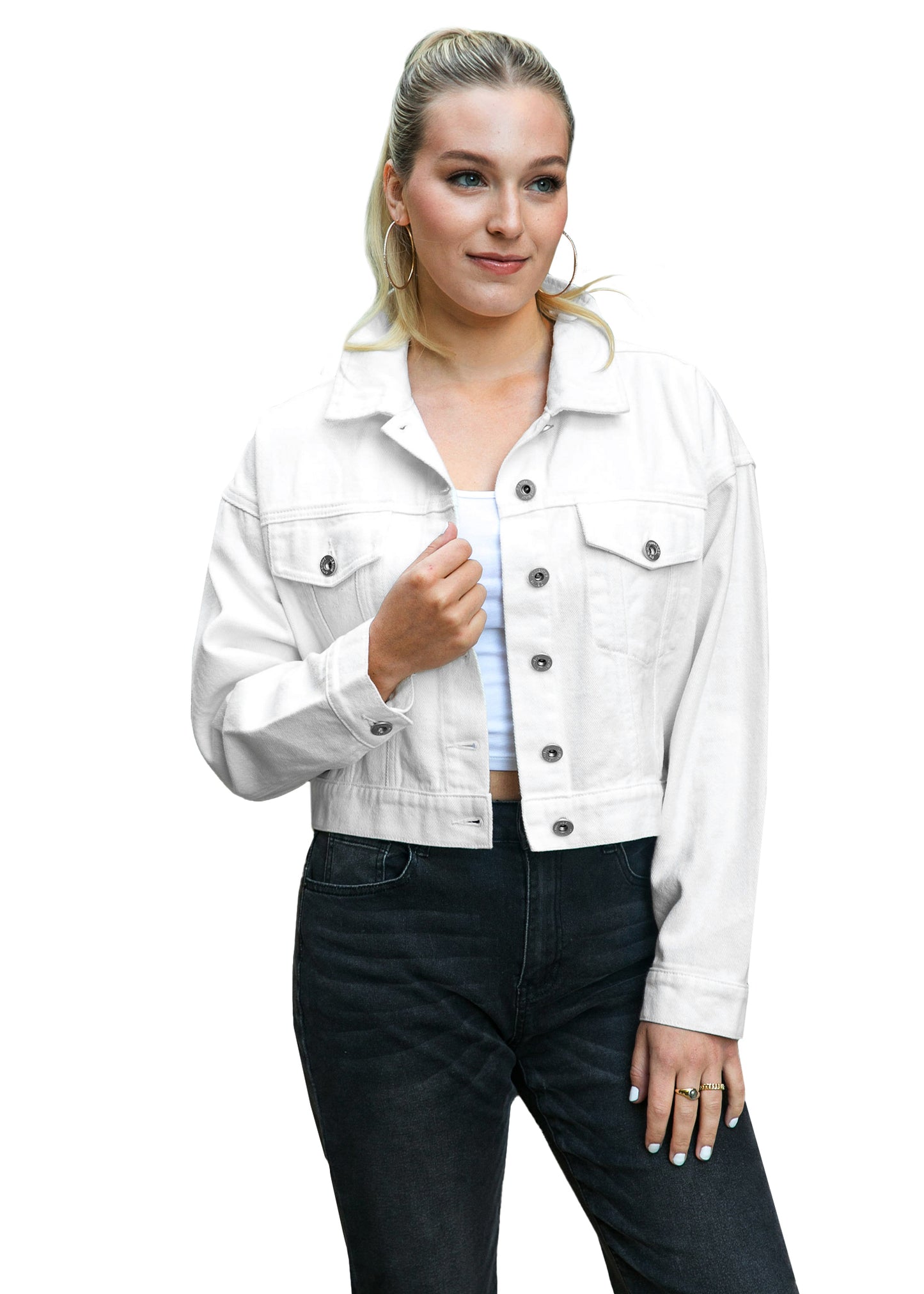 Cropped Button Down Denim Jean Jacket with Pockets