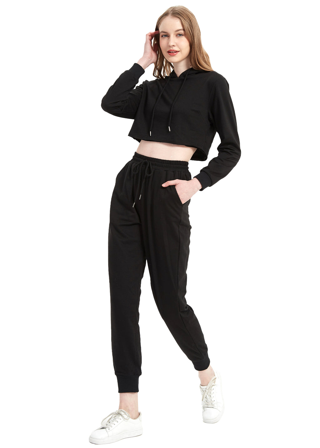 Conjunto de chándal Anna-Kaci para mujer, sudadera con capucha corta y pantalones deportivos con cordón, conjunto de joggers cónicos para mujer, 2 piezas
