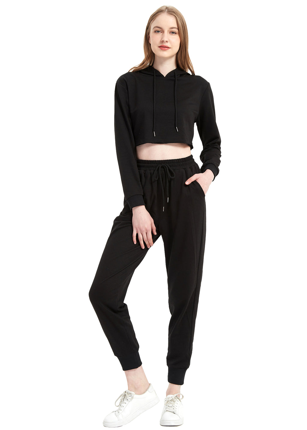 Conjunto de chándal Anna-Kaci para mujer, sudadera con capucha corta y pantalones deportivos con cordón, conjunto de joggers cónicos para mujer, 2 piezas