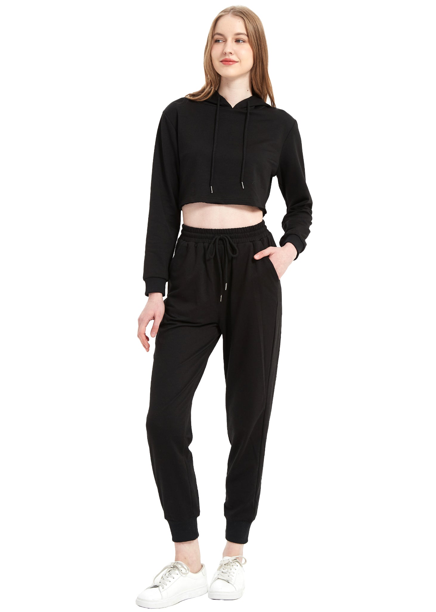 Conjunto de chándal Anna-Kaci para mujer, sudadera con capucha corta y pantalones deportivos con cordón, conjunto de joggers cónicos para mujer, 2 piezas