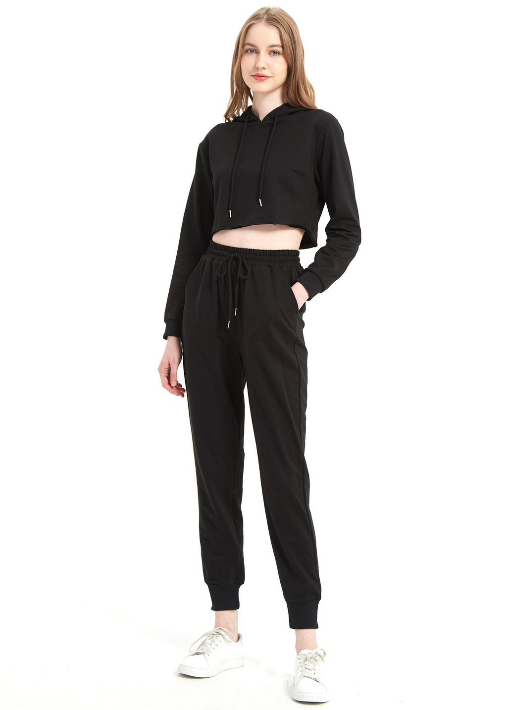 Conjunto de chándal Anna-Kaci para mujer, sudadera con capucha corta y pantalones deportivos con cordón, conjunto de joggers cónicos para mujer, 2 piezas