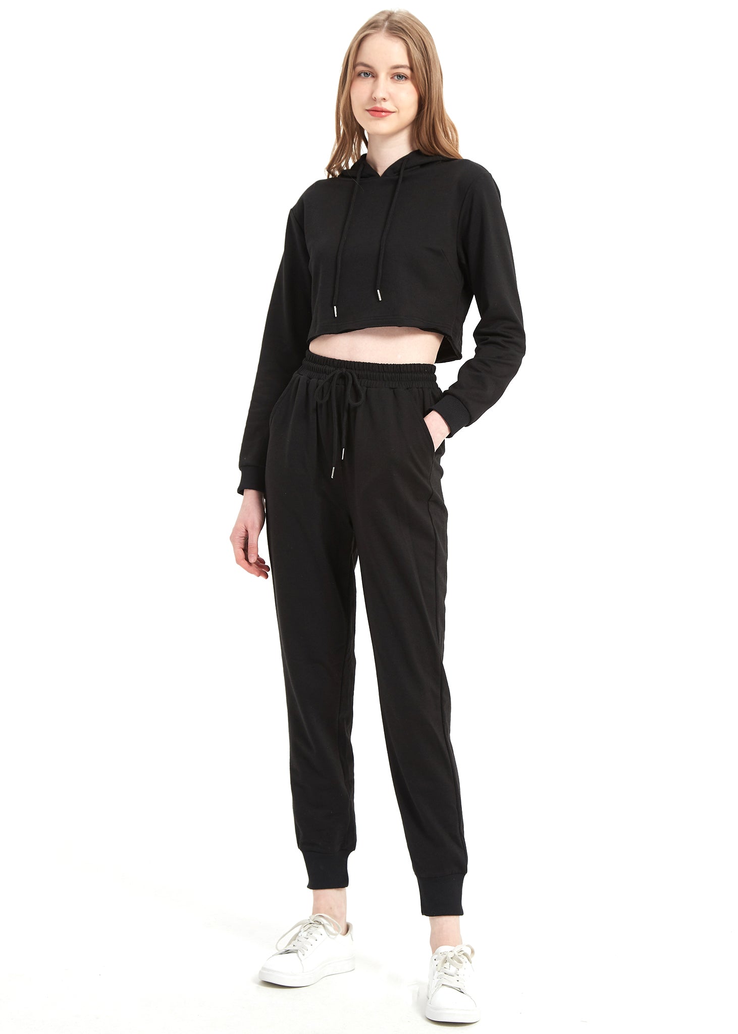 Conjunto de chándal Anna-Kaci para mujer, sudadera con capucha corta y pantalones deportivos con cordón, conjunto de joggers cónicos para mujer, 2 piezas