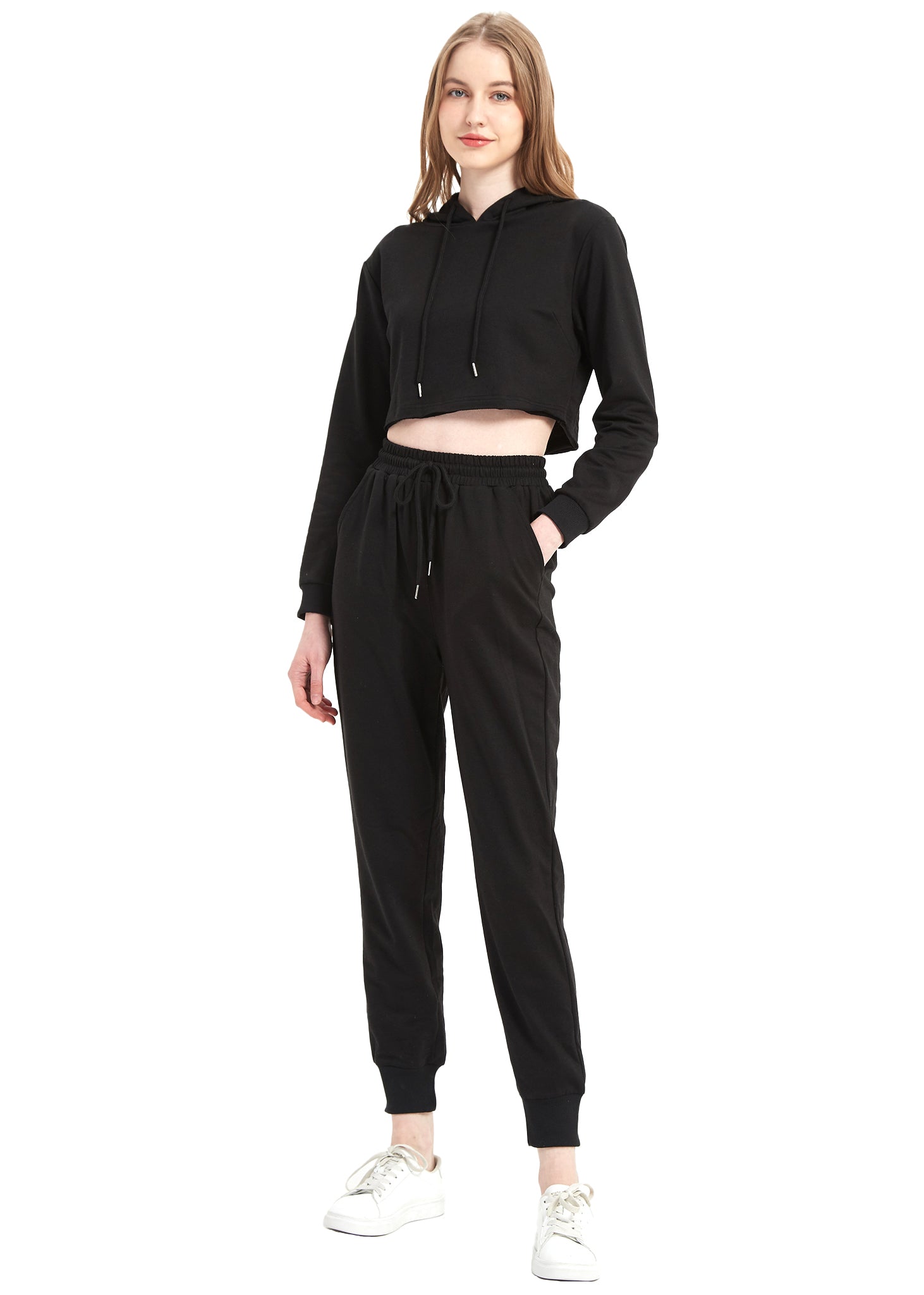 Conjunto de chándal Anna-Kaci para mujer, sudadera con capucha corta y pantalones deportivos con cordón, conjunto de joggers cónicos para mujer, 2 piezas