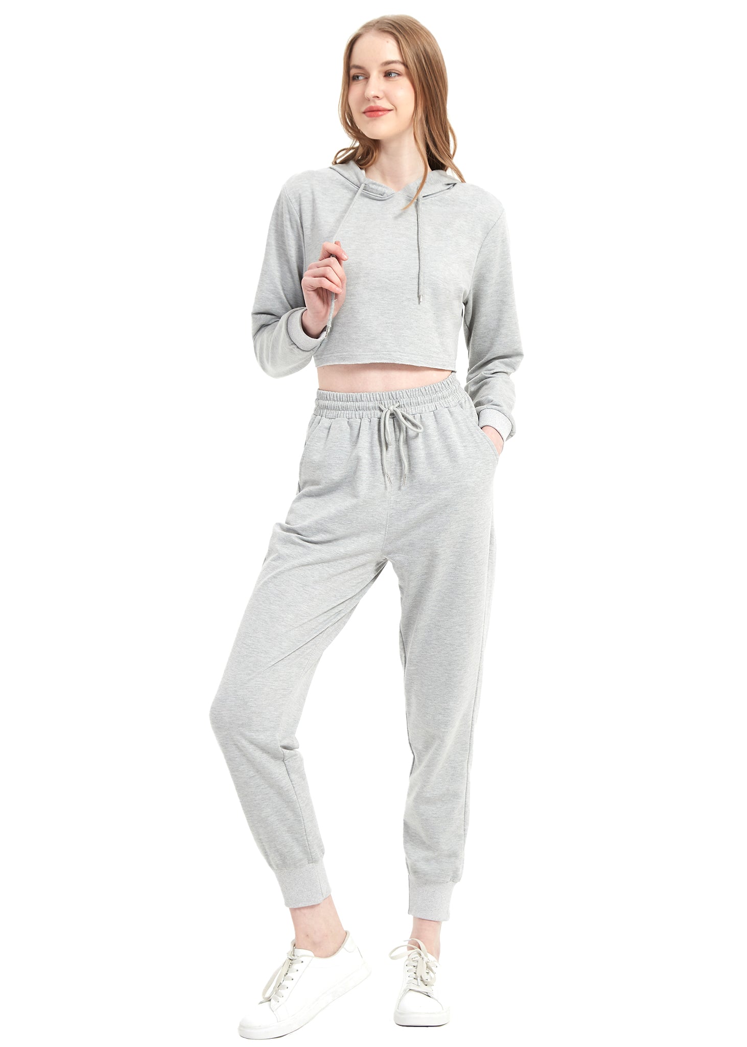 Conjunto de chándal Anna-Kaci para mujer, sudadera con capucha corta y pantalones deportivos con cordón, conjunto de joggers cónicos para mujer, 2 piezas