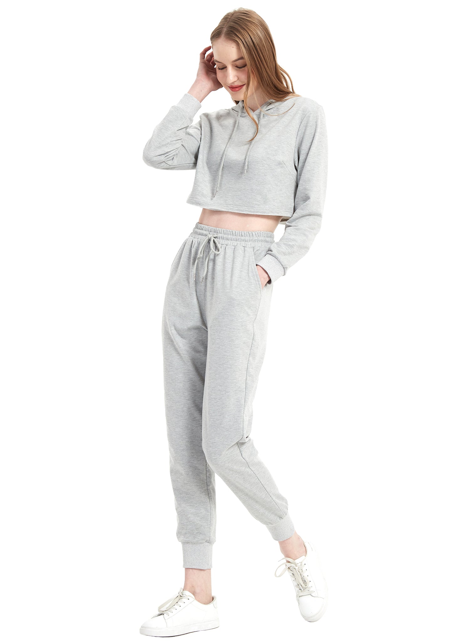 Conjunto de chándal Anna-Kaci para mujer, sudadera con capucha corta y pantalones deportivos con cordón, conjunto de joggers cónicos para mujer, 2 piezas