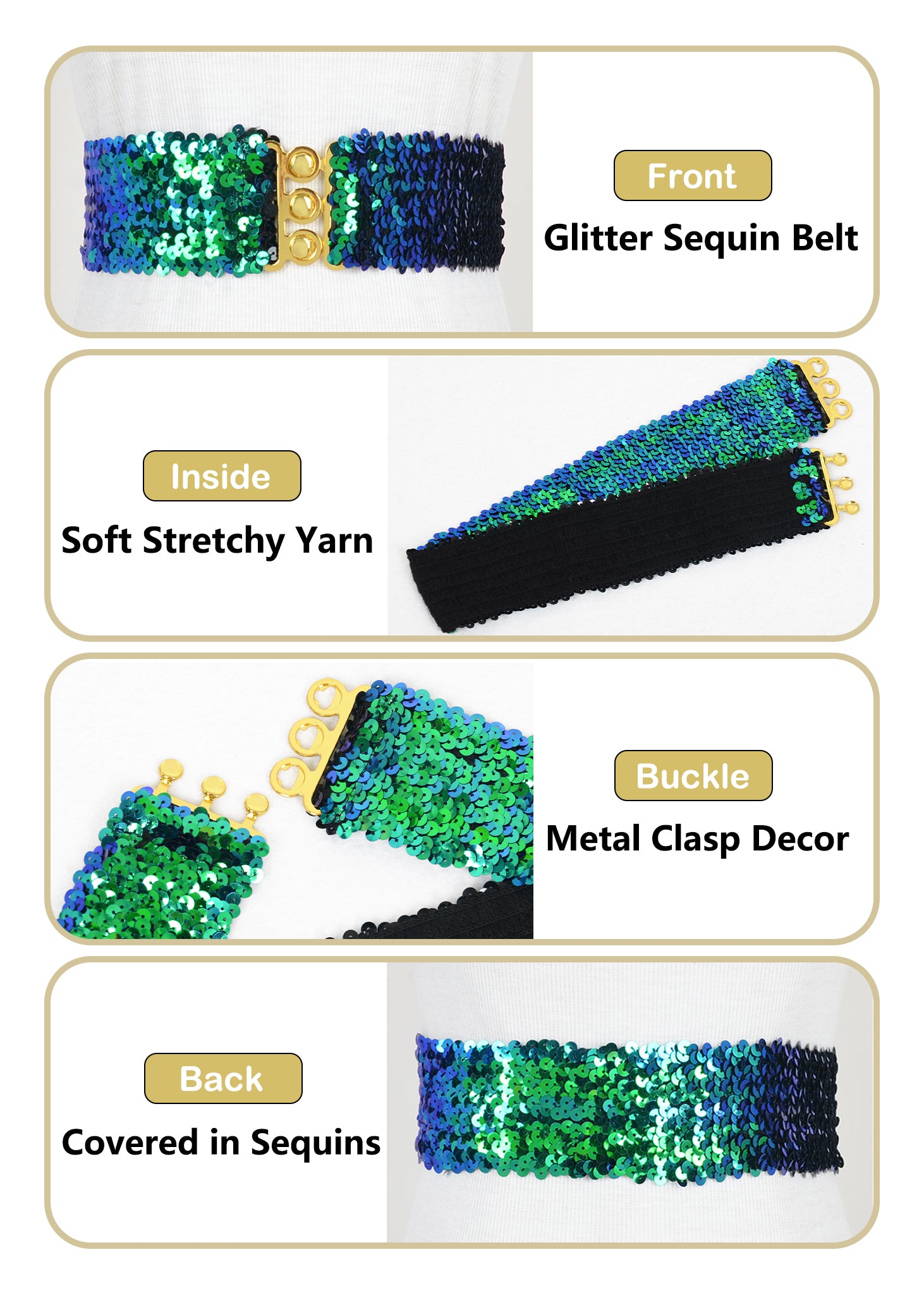 Cinturones de lentejuelas brillantes para mujer de Anna-Kaci, cinturón elástico brillante con cintura elástica para disfraz de fiesta de discoteca