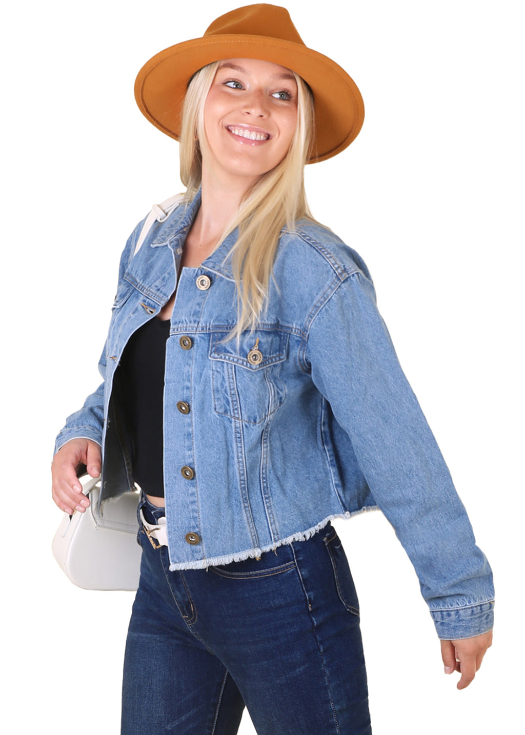 Chaqueta vaquera corta con dobladillo sin rematar y bolsillos