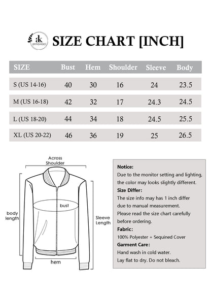 Anna-Kaci Womens Sparkly Sequin Jacket Glitter Long Sleeves Front Zip Up Bomber Jacket with Ribbed Cuffs