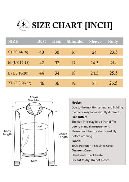 Anna-Kaci Womens Sparkly Sequin Jacket Glitter Long Sleeves Front Zip Up Bomber Jacket with Ribbed Cuffs