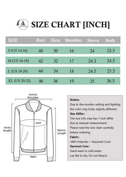 Anna-Kaci Womens Sparkly Sequin Jacket Glitter Long Sleeves Front Zip Up Bomber Jacket with Ribbed Cuffs