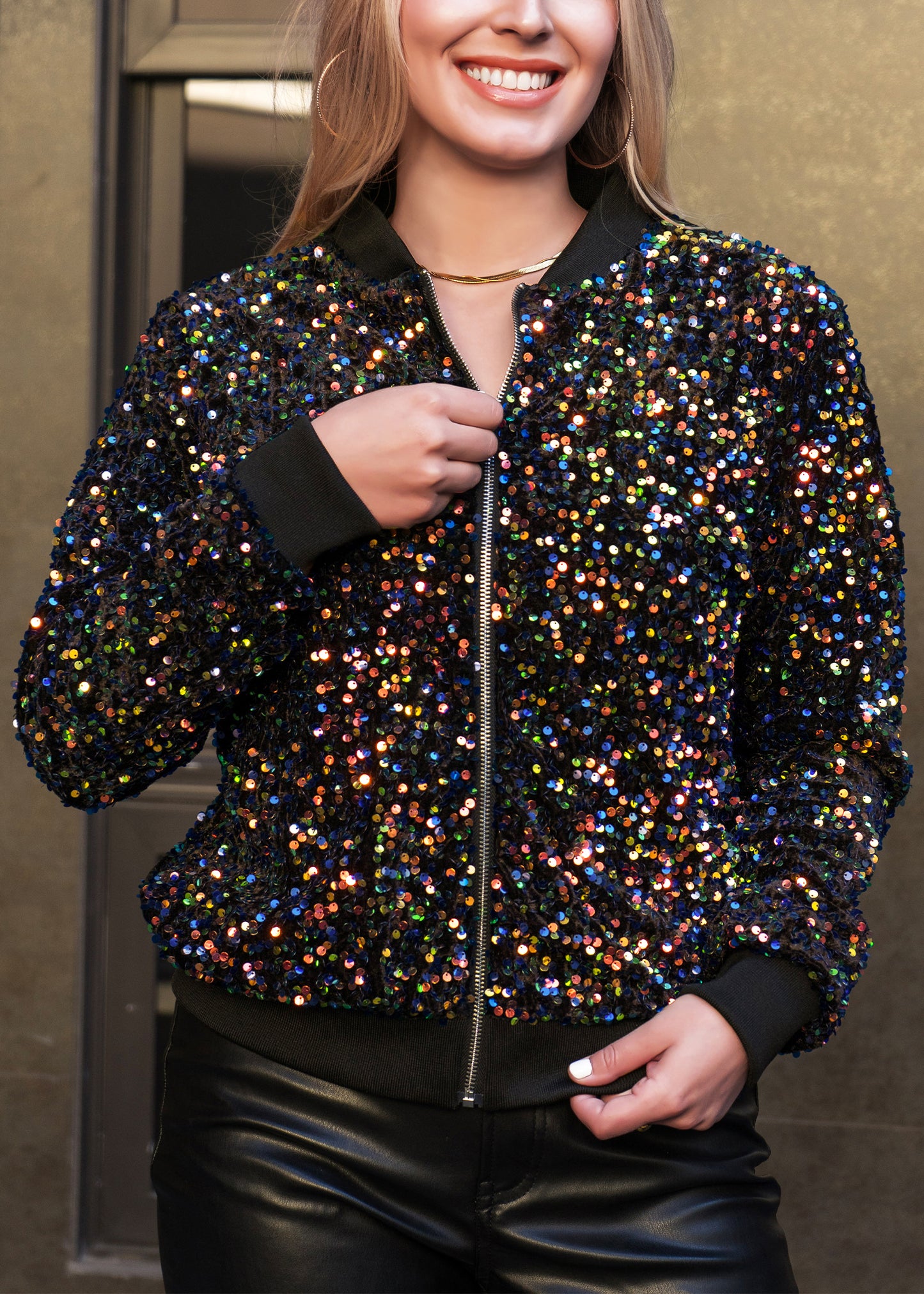 Anna-Kaci Womens Sparkly Sequin Jacket Glitter Long Sleeves Front Zip Up Bomber Jacket with Ribbed Cuffs