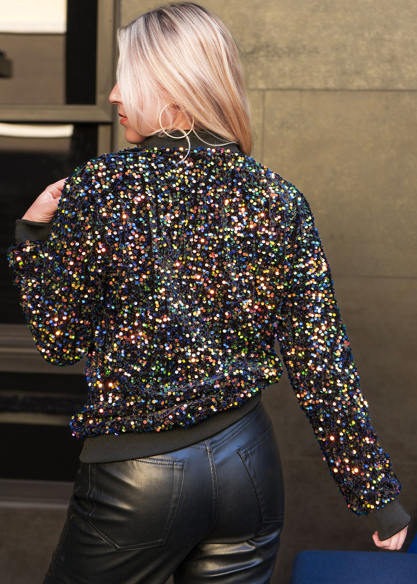 Anna-Kaci Womens Sparkly Sequin Jacket Glitter Long Sleeves Front Zip Up Bomber Jacket with Ribbed Cuffs
