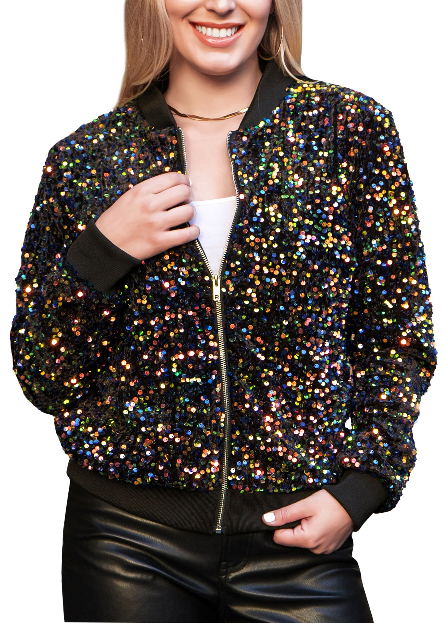 Anna-Kaci Womens Sparkly Sequin Jacket Glitter Long Sleeves Front Zip Up Bomber Jacket with Ribbed Cuffs