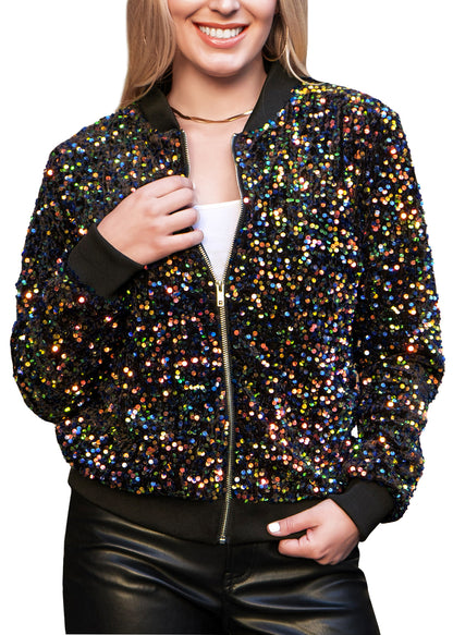 Anna-Kaci Womens Sparkly Sequin Jacket Glitter Long Sleeves Front Zip Up Bomber Jacket with Ribbed Cuffs