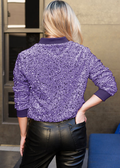 Anna-Kaci Womens Sparkly Sequin Jacket Glitter Long Sleeves Front Zip Up Bomber Jacket with Ribbed Cuffs