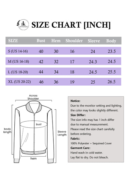 Anna-Kaci Womens Sparkly Sequin Jacket Glitter Long Sleeves Front Zip Up Bomber Jacket with Ribbed Cuffs