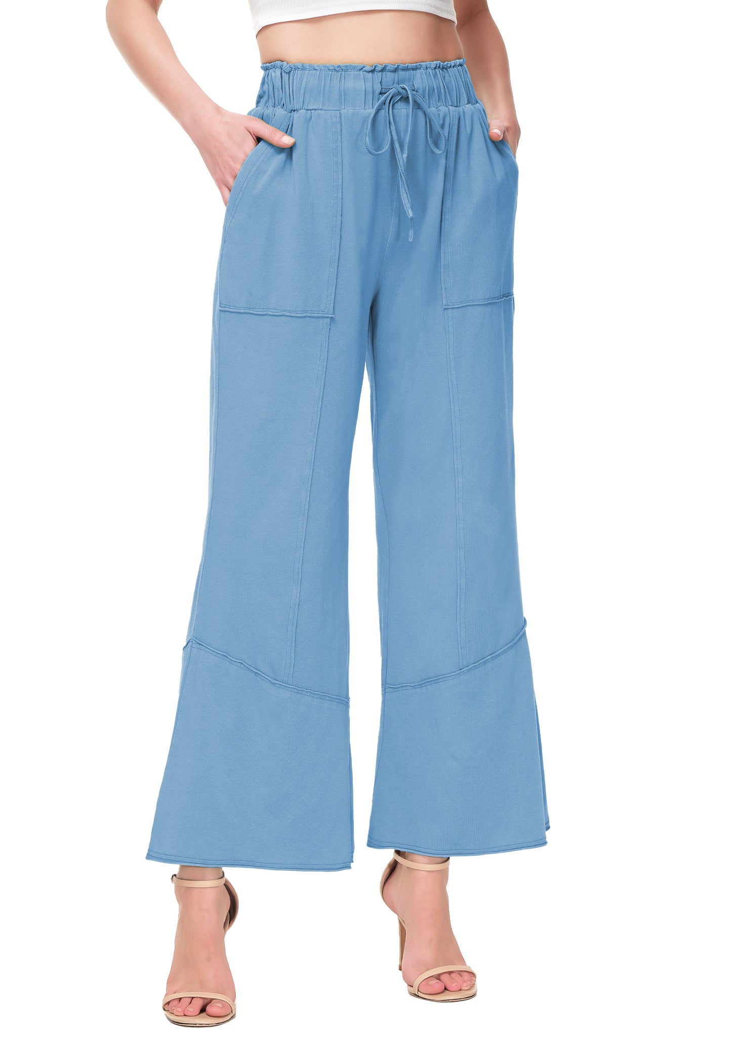 Anna-Kaci Womens High Waist Drawstring Wide Leg Long Pants Casual Loose Soft Ladies Pants with Pockets