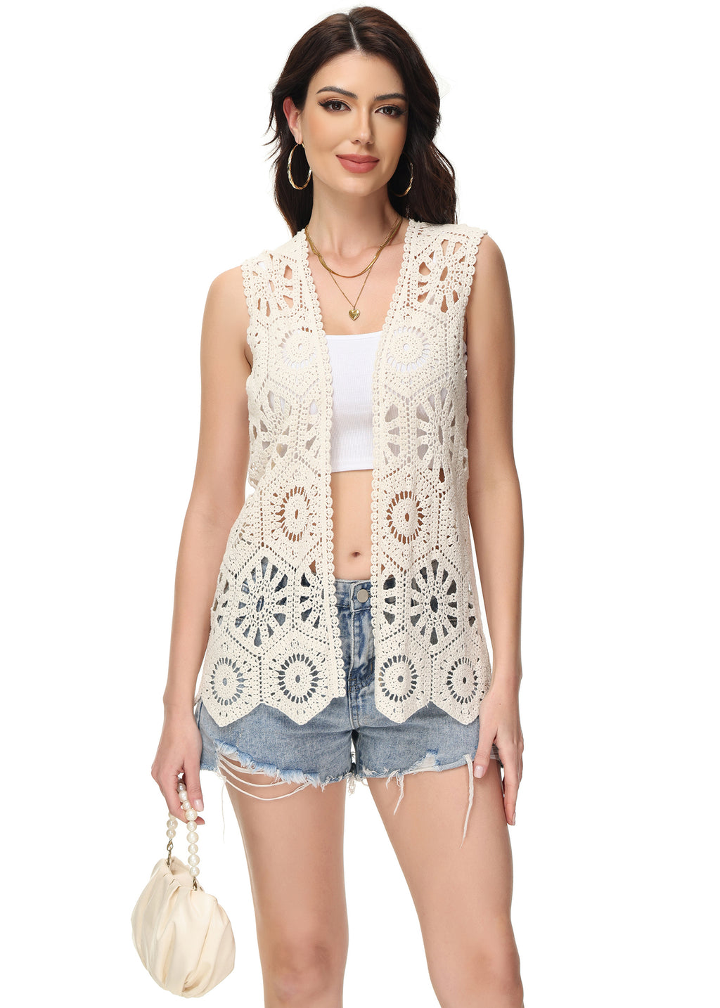 Cárdigan de crochet floral para mujer de Anna-Kaci, sin mangas, con ribete de encaje y chaleco abierto al frente