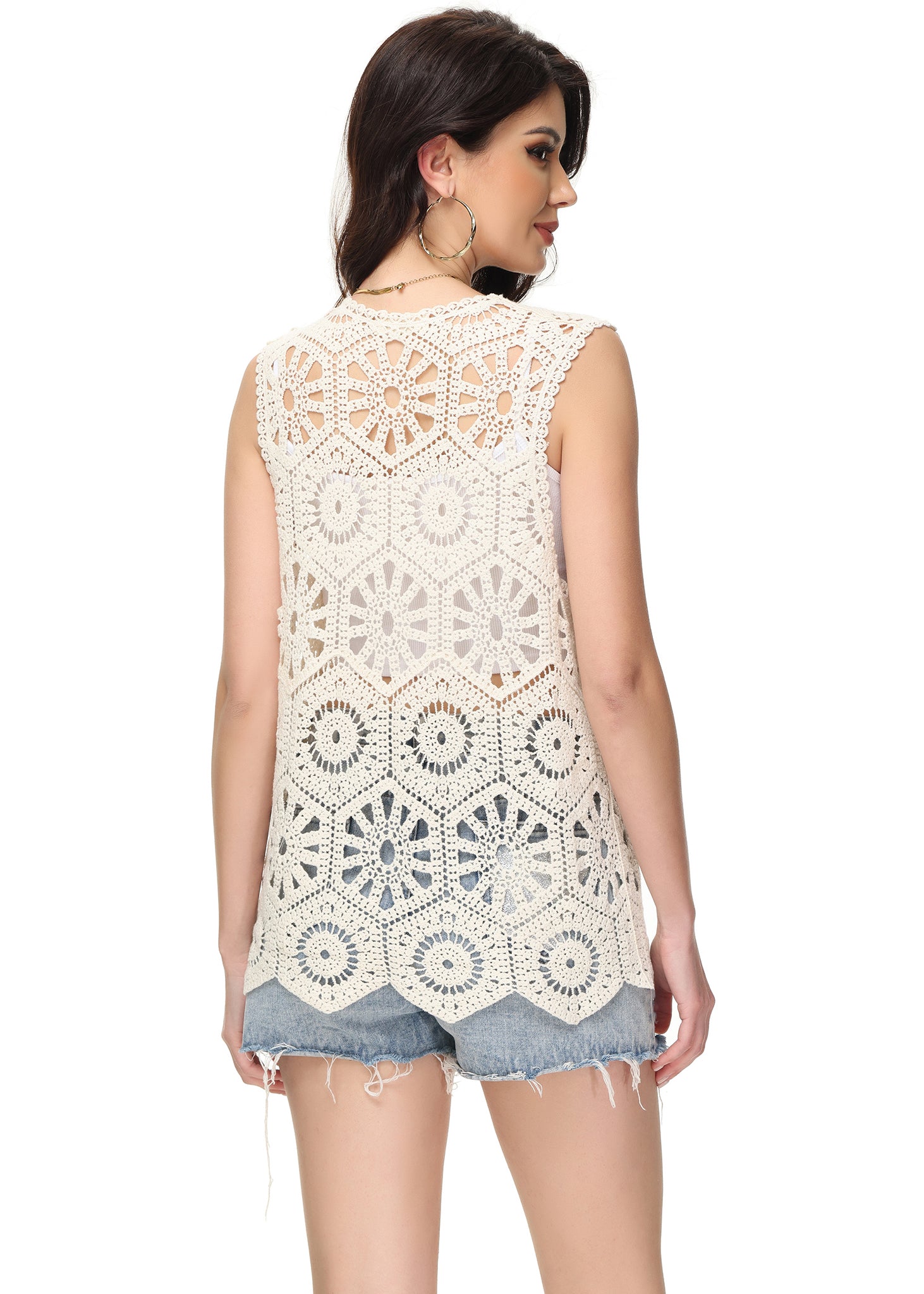 Cárdigan de crochet floral para mujer de Anna-Kaci, sin mangas, con ribete de encaje y chaleco abierto al frente